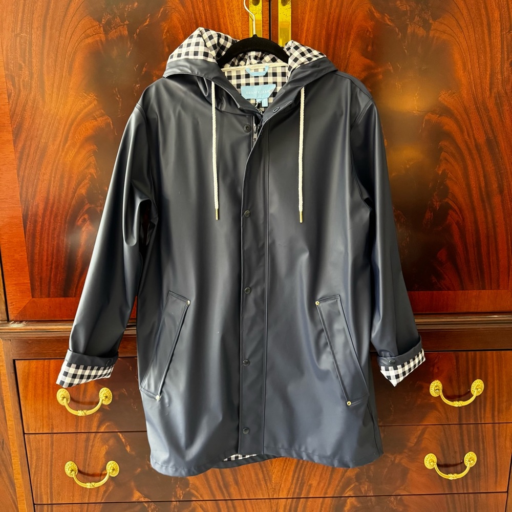 NWT Draper James Raincheck Waterproof Hooded Rain Jacket Navy Gingham M - Picture 3 of 13